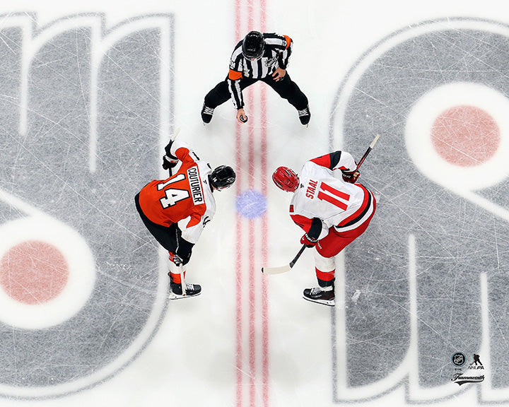 Pre-Order - Jordan Staal Autographed Carolina Hurricanes Away 8x10 Photo (Face-Off)