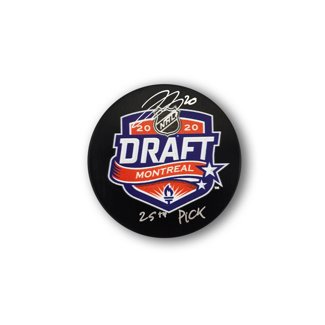Justin Barron Autographed 2020 NHL Draft Hockey Puck Inscribed 25th Pick