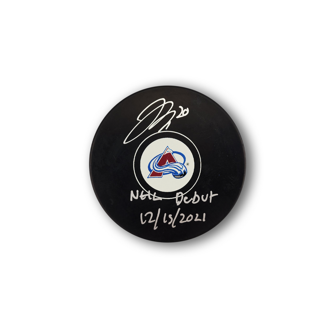 Justin Barron Autographed Colorado Avalanche Hockey Puck Inscribed NHL Debut
