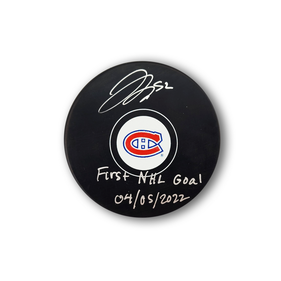 Justin Barron Autographed Montreal Canadiens Hockey Puck Inscribed 1st Goal