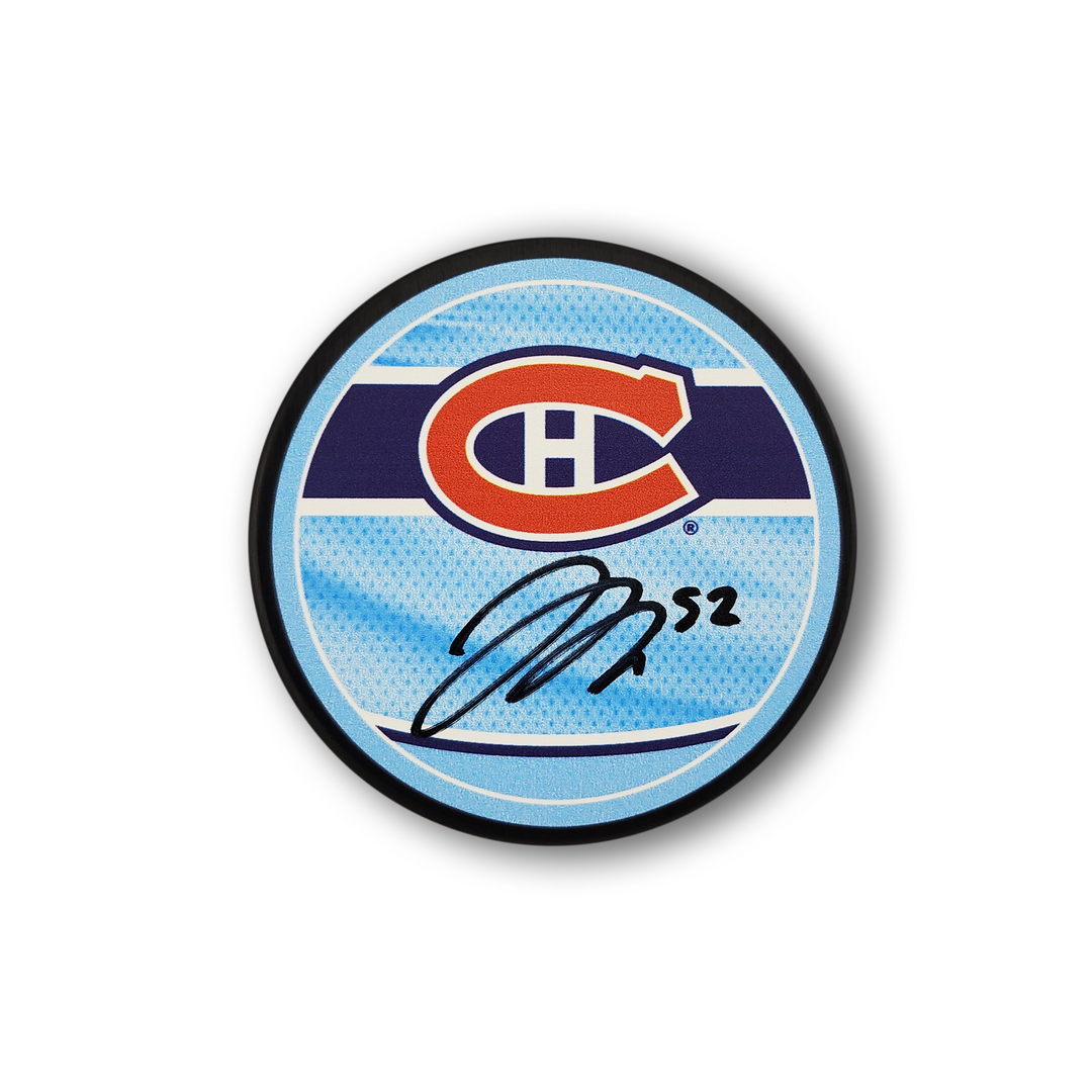 Justin Barron Autographed Montreal Canadiens Reverse Retro Hockey Puck