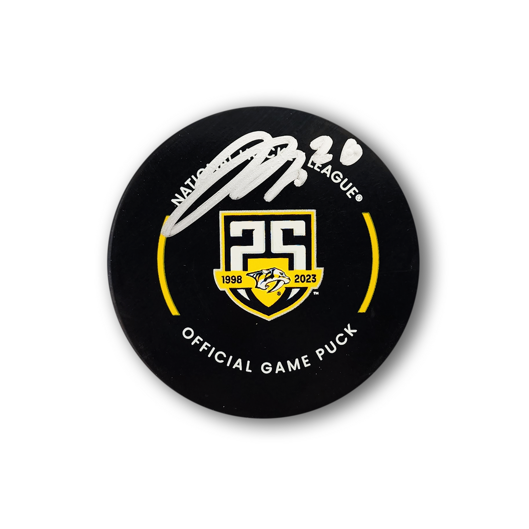 Justin Barron Autographed Nashville Predators 25th Year Official Hockey Puck