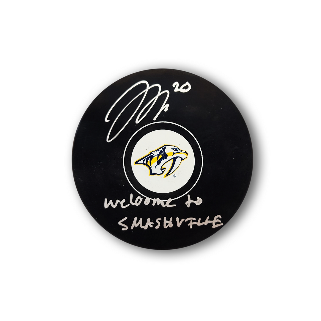 Justin Barron Autographed Nashville Predators Hockey Puck Inscribed Welcome To Smashville