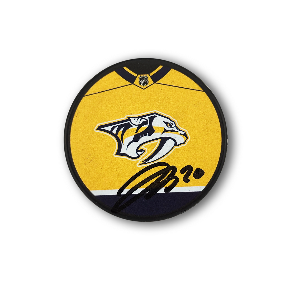 Justin Barron Autographed Nashville Predators Jersey Design Hockey Puck