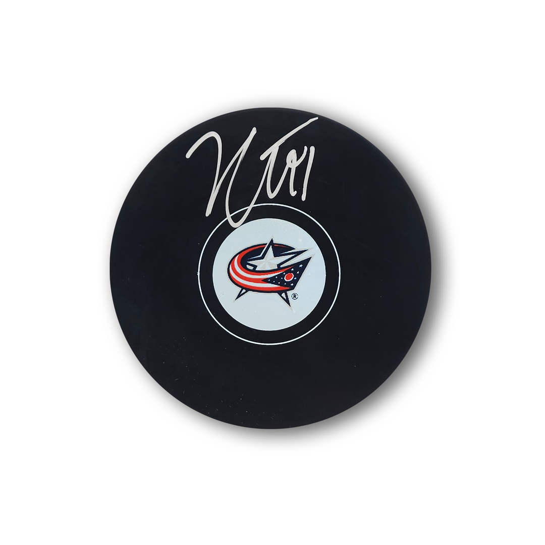 Kent Johnson Autographed Columbus Blue Jackets Hockey Puck