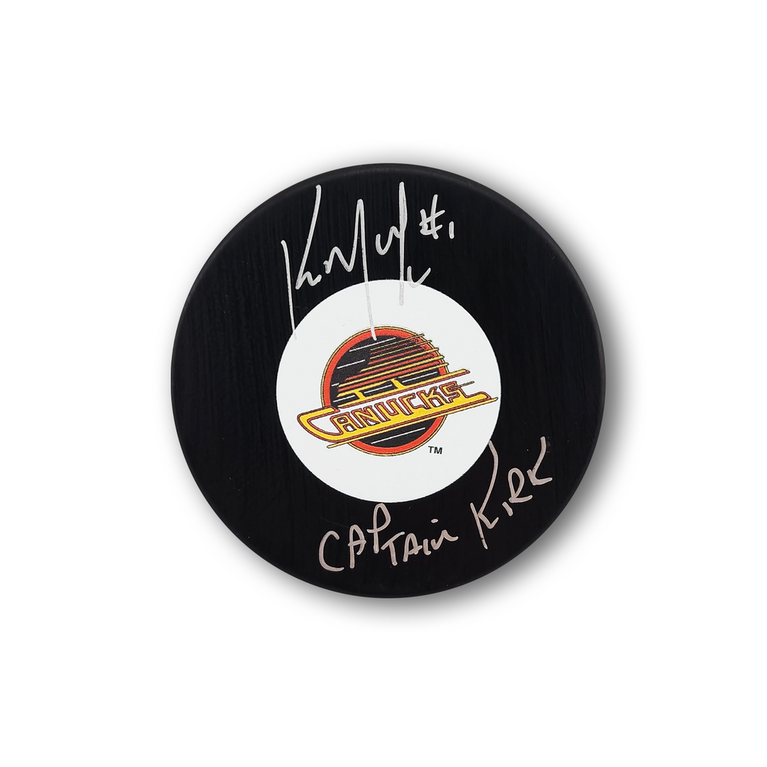 Kirk McLean Autographed Vancouver Canucks Hockey Puck Inscribed Captain Kirk