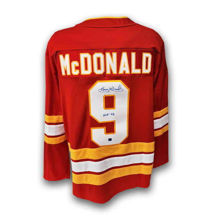 Lanny McDonald Calgary Flames Autographed Fanatics Jersey Inscribed HOF 92