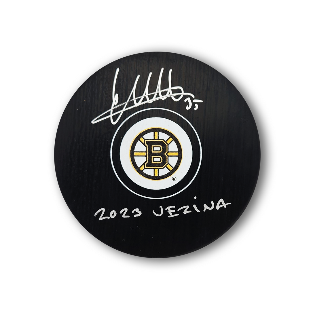 Linus Ullmark Autographed Boston Bruins Hockey Puck Inscribed 2023 Vezina