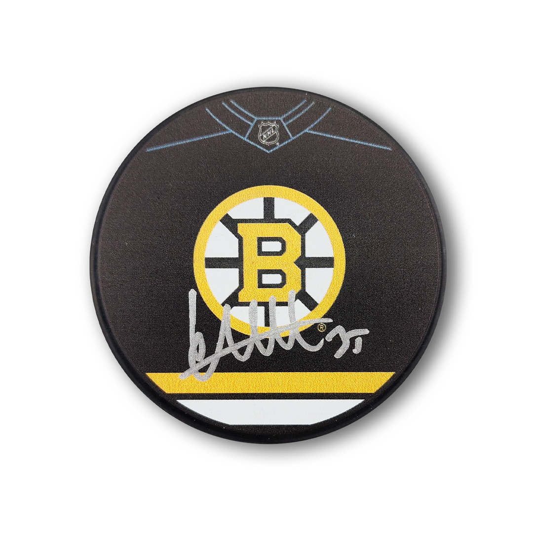 Linus Ullmark Autographed Boston Bruins Jersey Design Hockey Puck