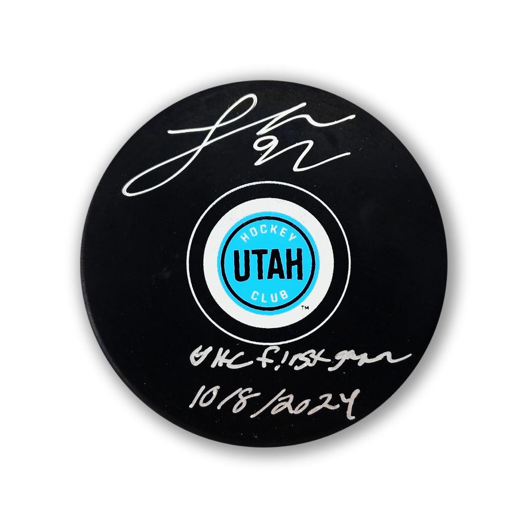 Logan Cooley Autographed Utah Hockey Club Hockey Puck Inscribed 1st Game