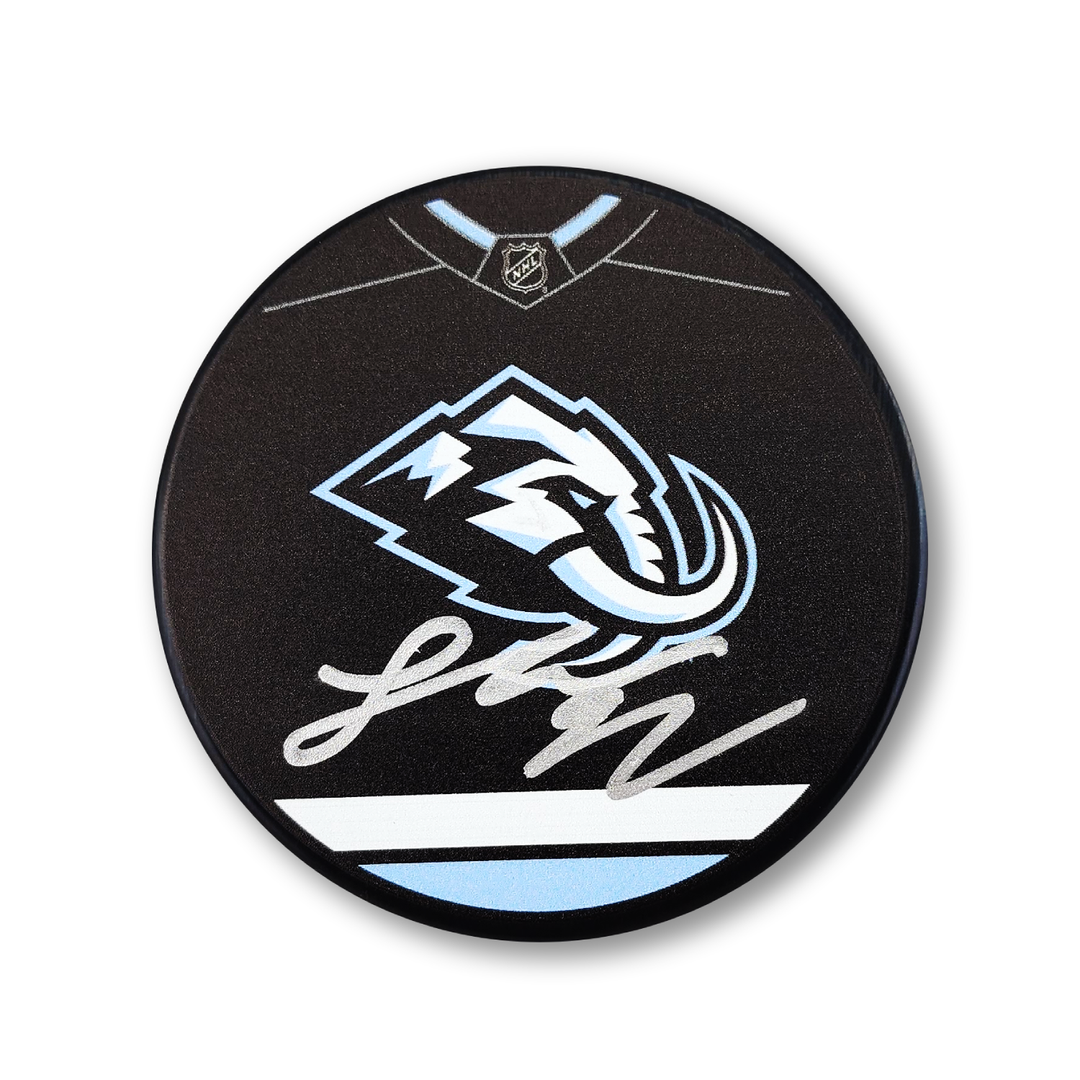 Logan Cooley Autographed Utah Mammoth Jersey Design Hockey Puck