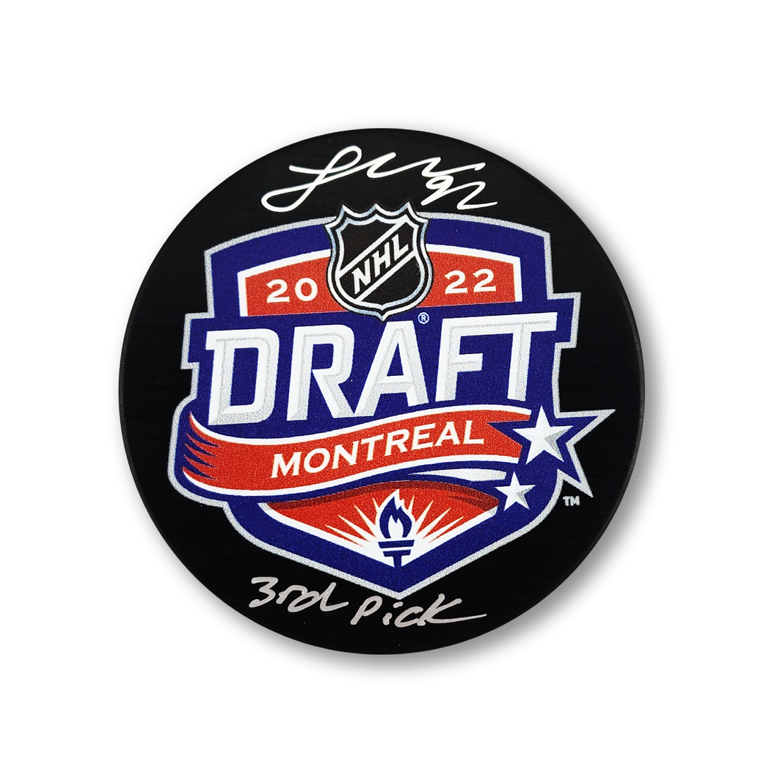 Logan Cooley Autographed 2022 NHL Draft Hockey Puck Inscribed 13th Pick