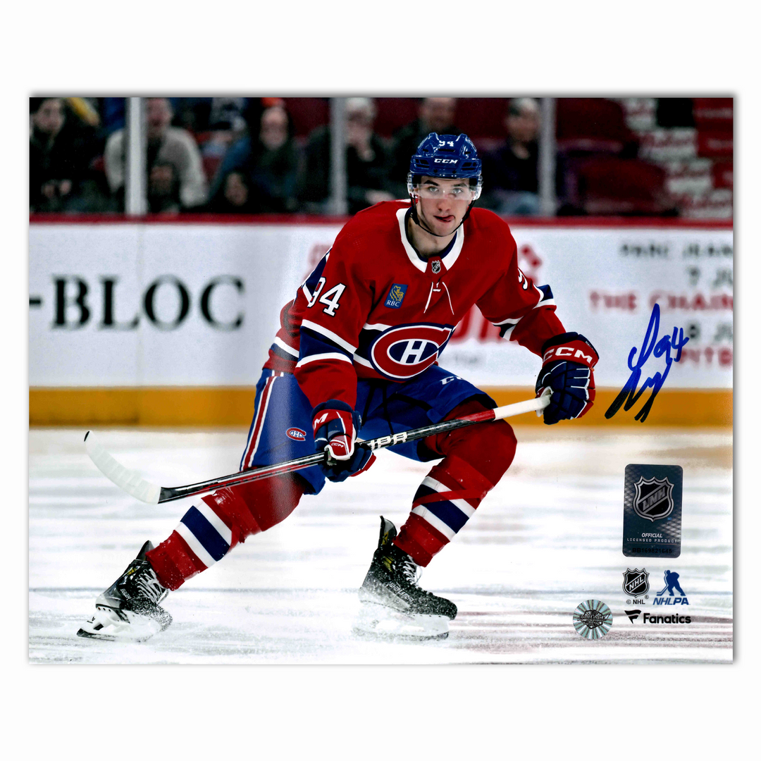 Logan Mailoux Autographed Montreal Canadiens Home 8x10 Photo (Holding Stick)