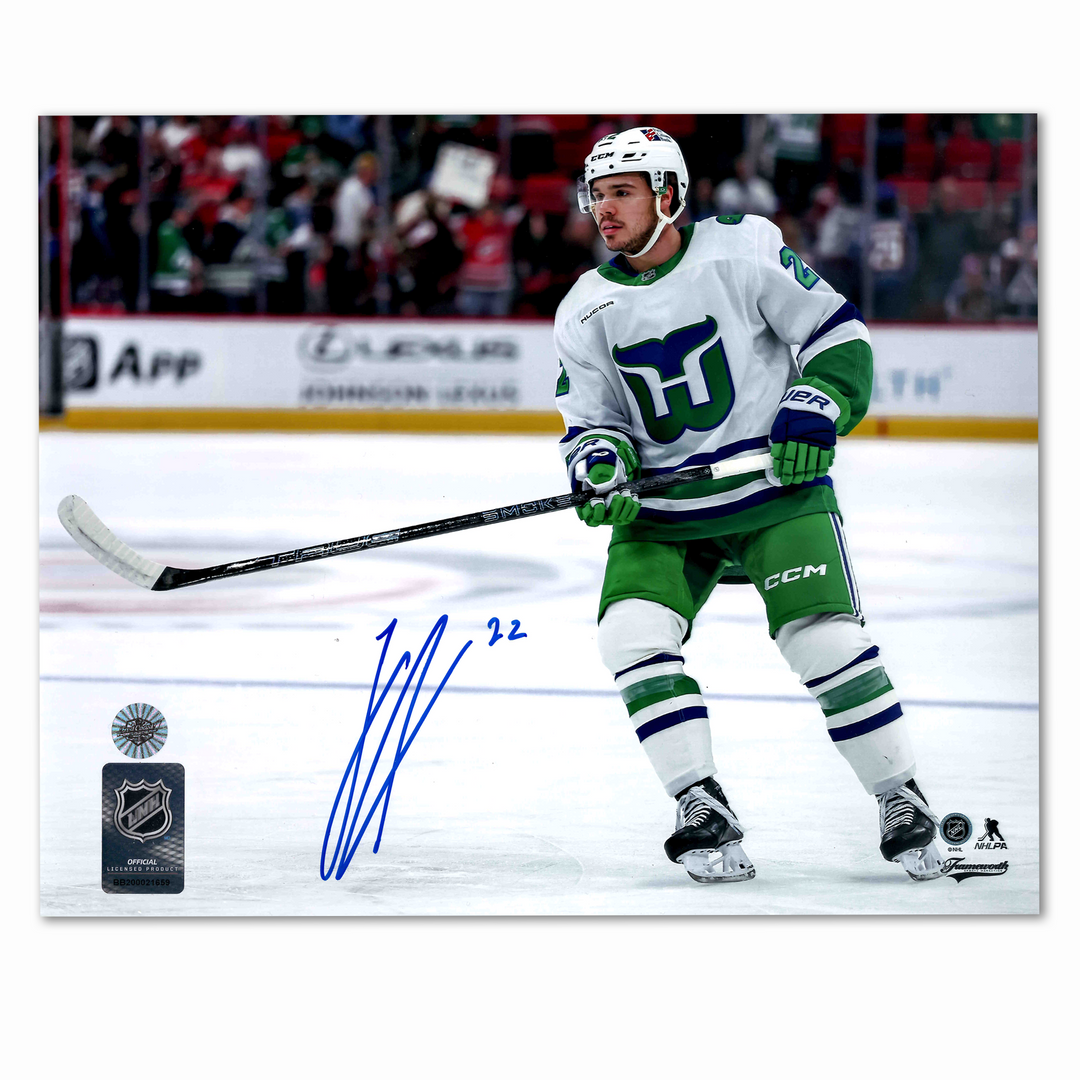 Logan Stankoven Autographed Carolina Hurricanes Heritage Uniform 8x10 Photo