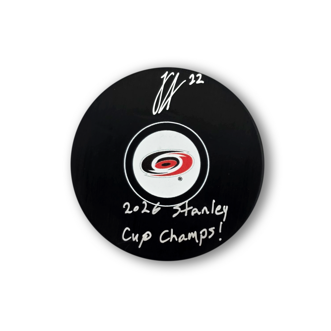Logan Stankoven Autographed Carolina Hurricanes Hockey Puck Inscribed 2026 Cup