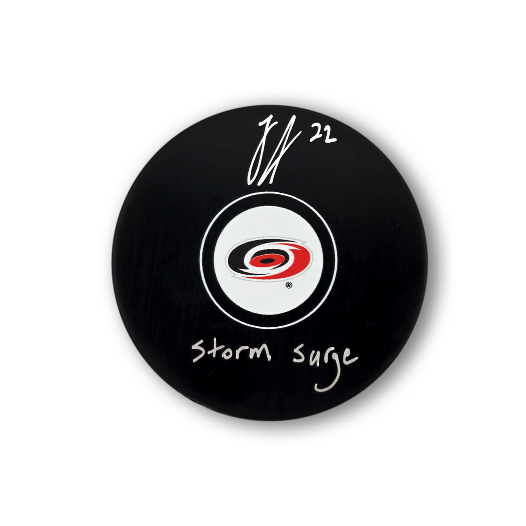 Logan Stankoven Autographed Carolina Hurricanes Hockey Puck Inscribed Storm Surge
