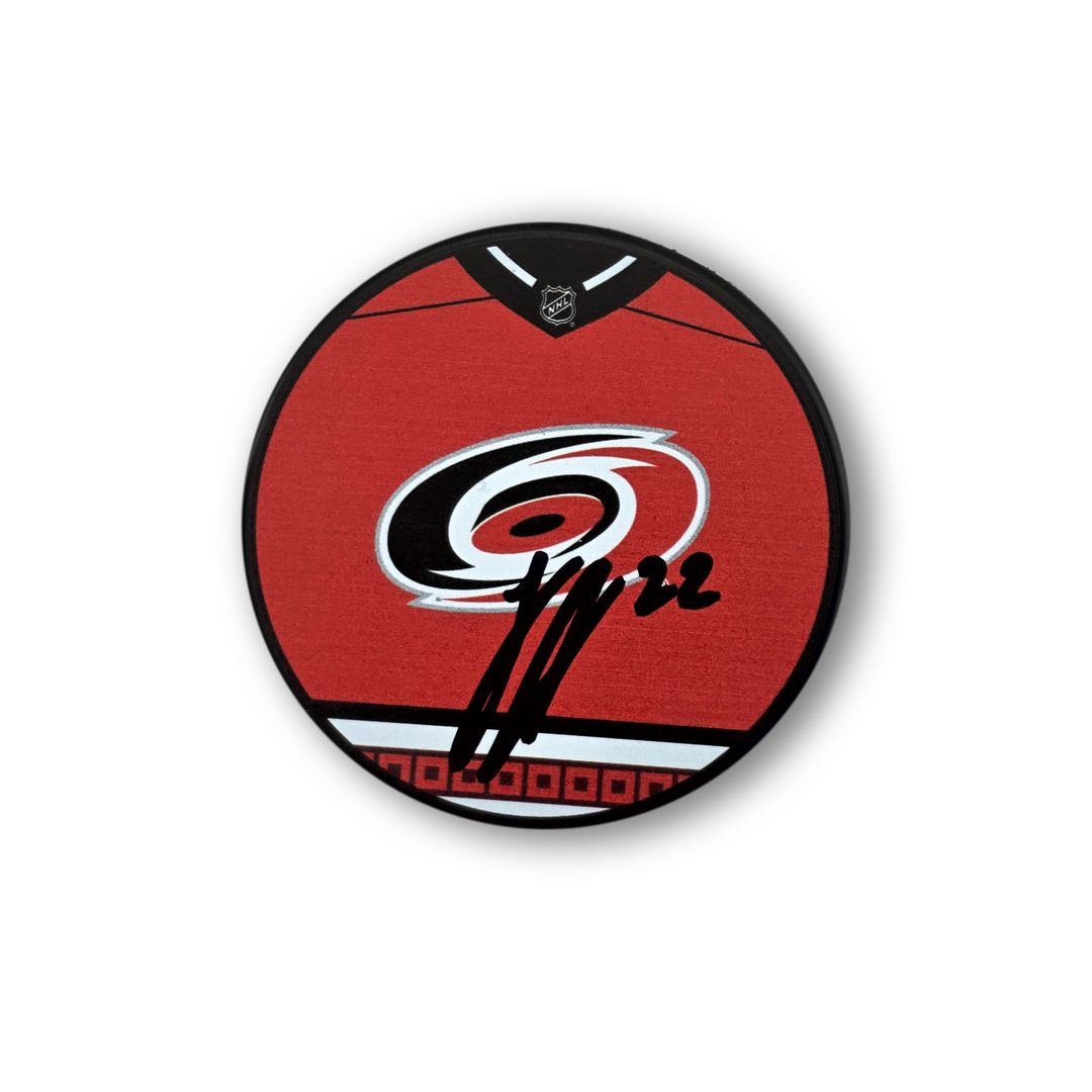 Logan Stankoven Autographed Carolina Hurricanes Jersey Design Hockey Puck