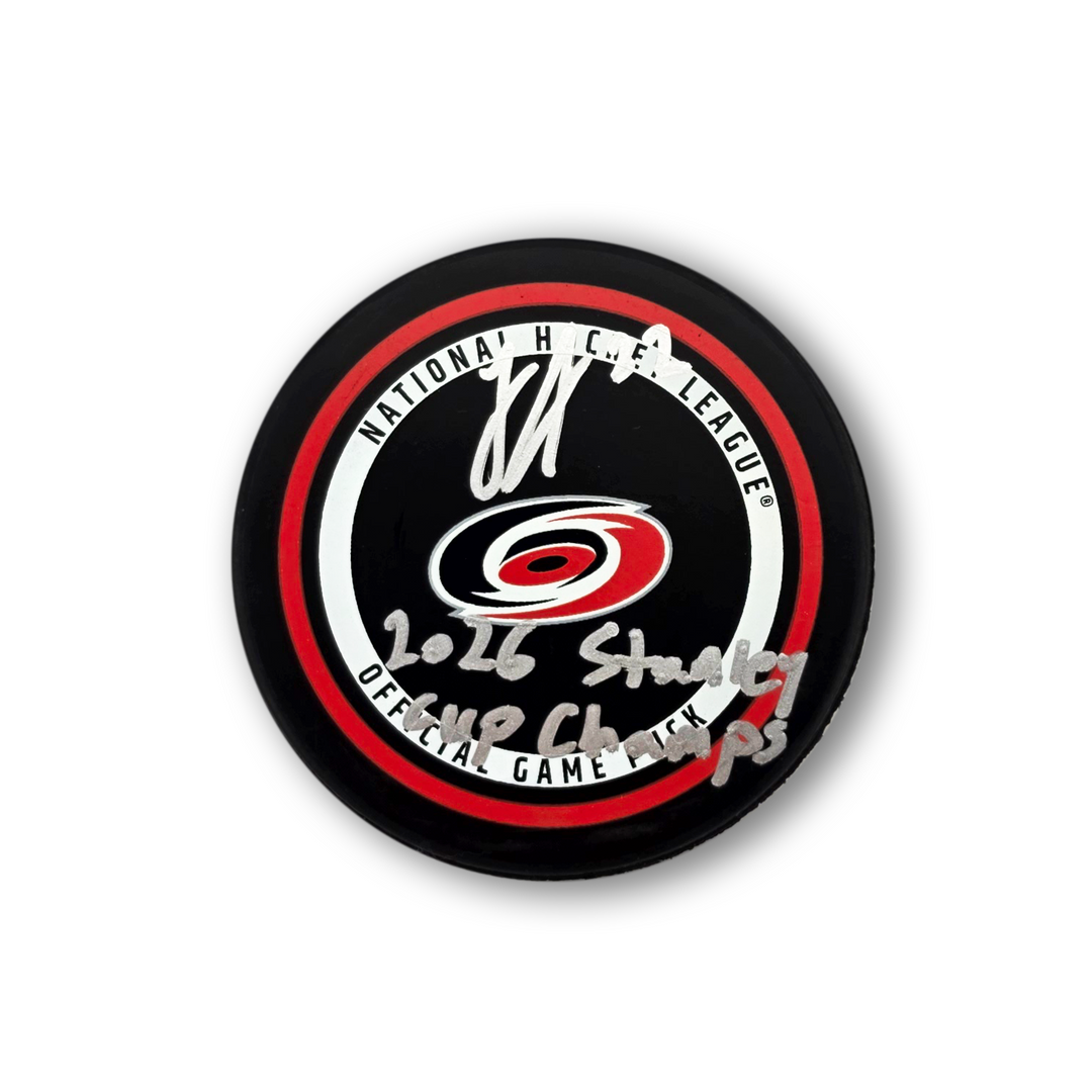 Logan Stankoven Autographed Carolina Hurricanes Official Hockey Puck Inscribed 2026 Cup