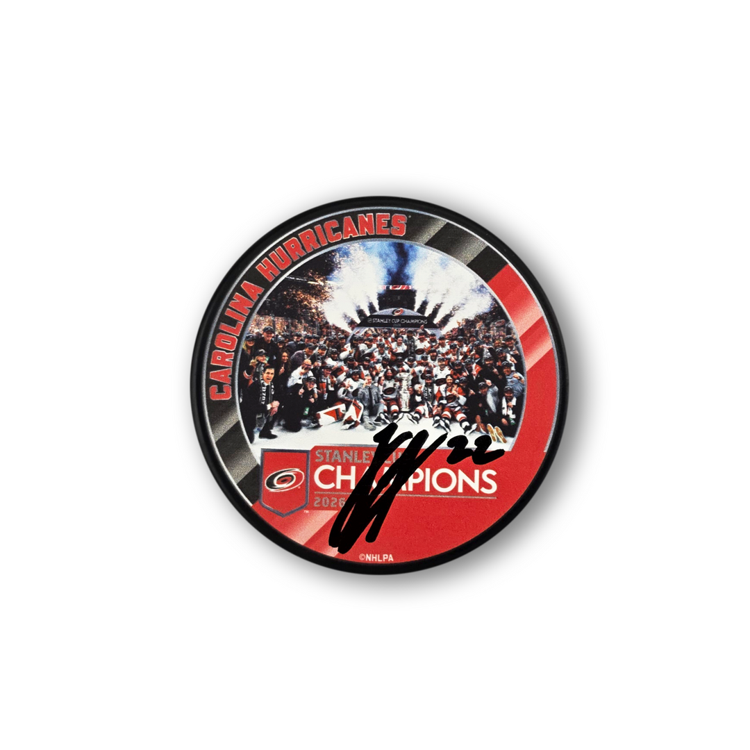 Logan Stankoven Autographed Carolina Hurricanes 2026 Stanley Cup Hockey Puck (Group)