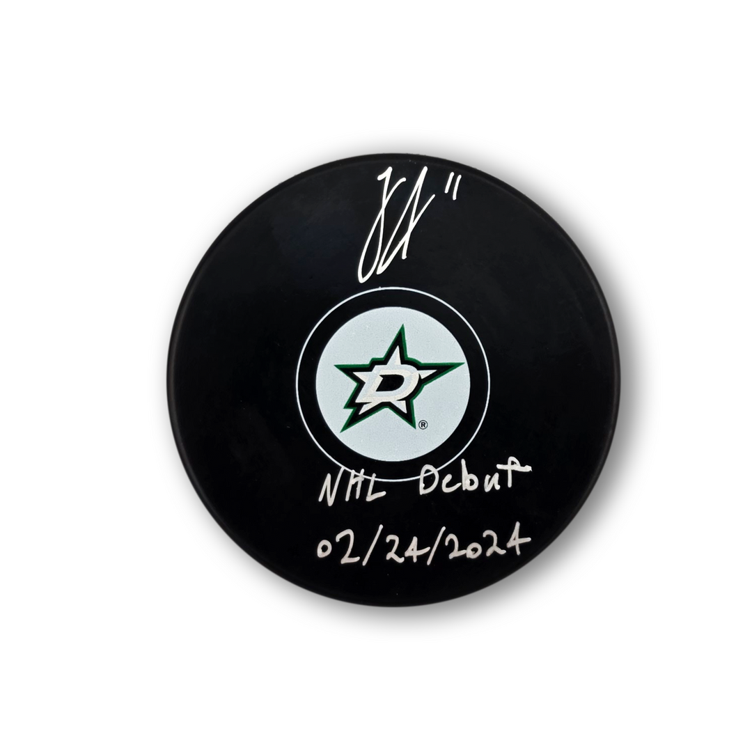 Logan Stankoven Autographed Dallas Stars Hockey Puck Inscribed NHL Debut