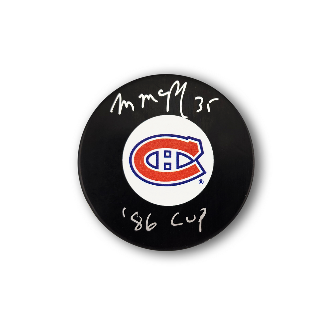 Mike McPhee Autographed Montreal Canadiens Hockey Puck Inscribed 86 Cup
