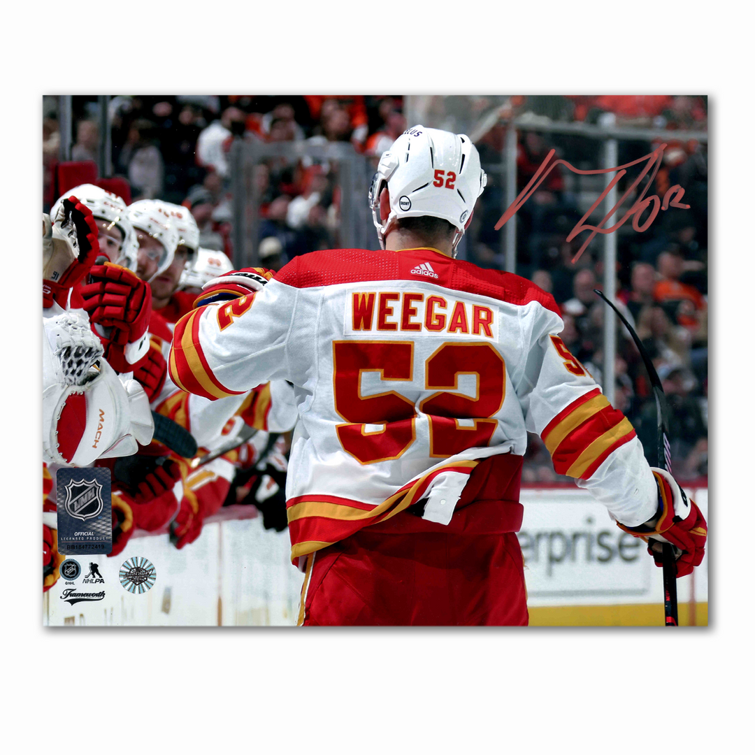 MacKenzie Weegar Autographed Calgary Flames Away Horizontal 8x10 Photo (Behind)