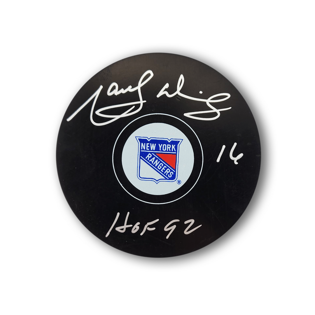 Marcel Dionne Autographed New York Rangers Hockey Puck Inscribed HOF 92