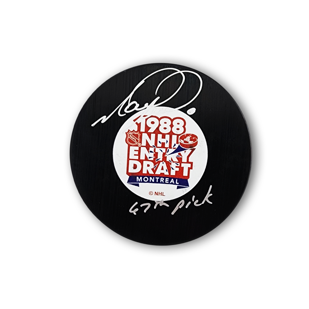 Mark Recchi Autographed 1988 NHL Draft Hockey Puck Inscribed 67th Pick