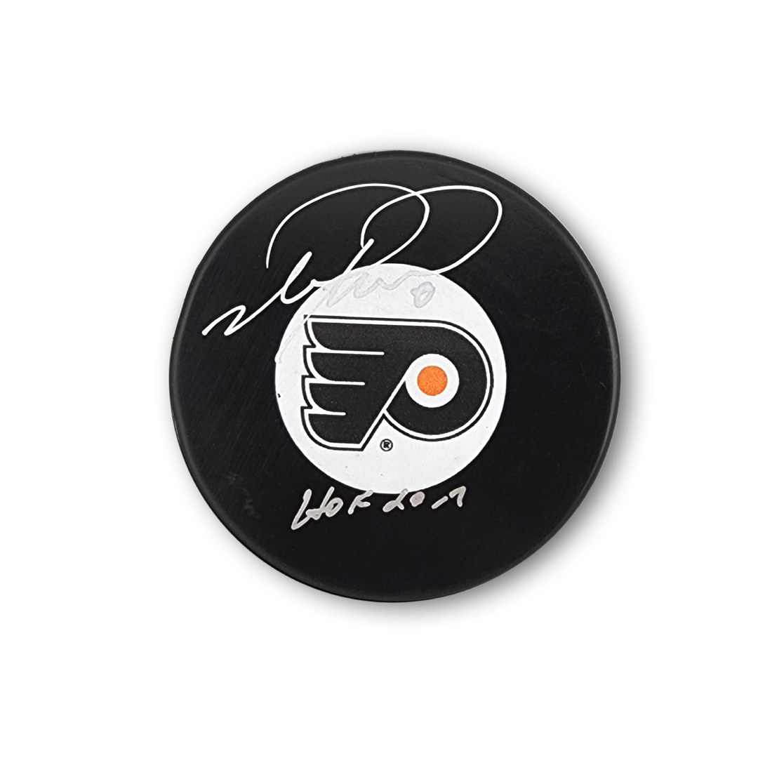 Mark Recchi Autographed Philadelphia Flyers Hockey Puck Inscribed HOF