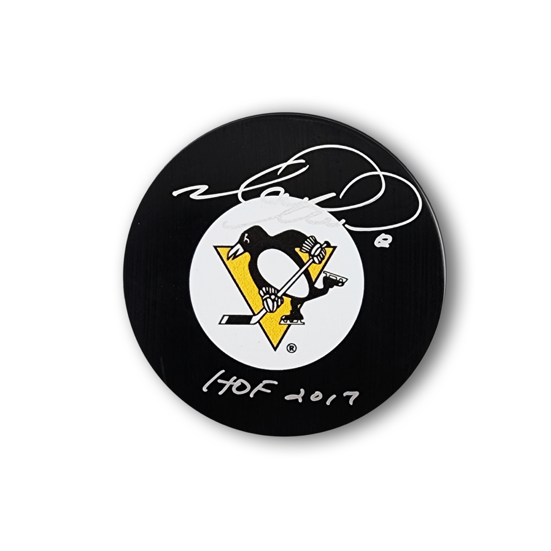 Mark Recchi Autographed Pittsburgh Penguins Hockey Puck Inscribed HOF