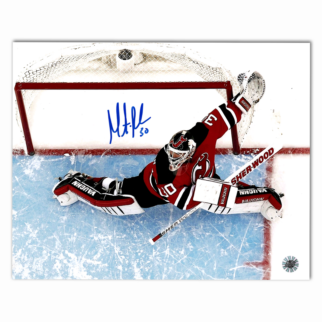Martin Brodeur Autographed New Jersey Devils Kick Save Overhead 8x10 Photo