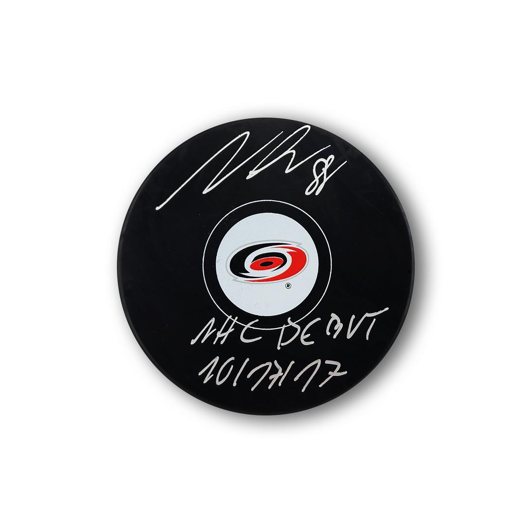 Martin Necas Autographed Carolina Hurricanes Hockey Puck Inscribed NHL Debut