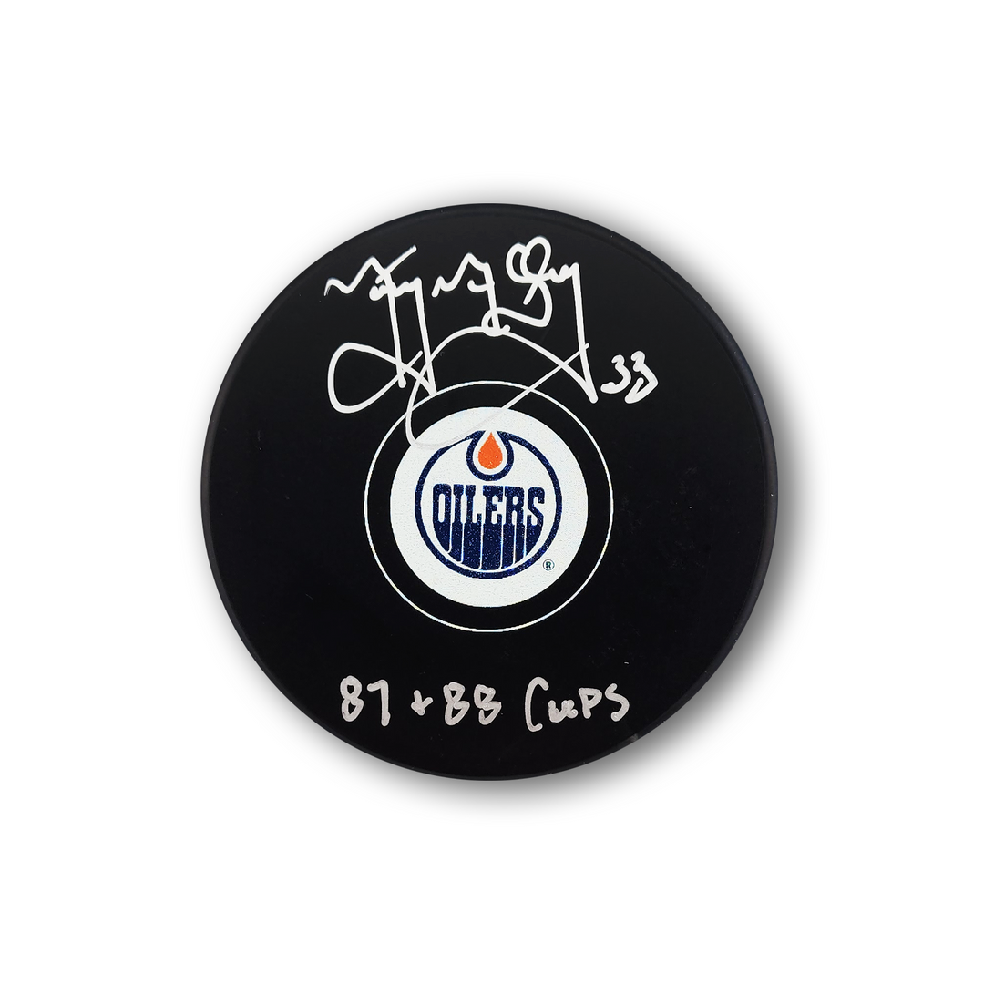 Marty McSorley Autographed Edmonton Oilers Hockey Puck Inscribed 87 + 88 Cups