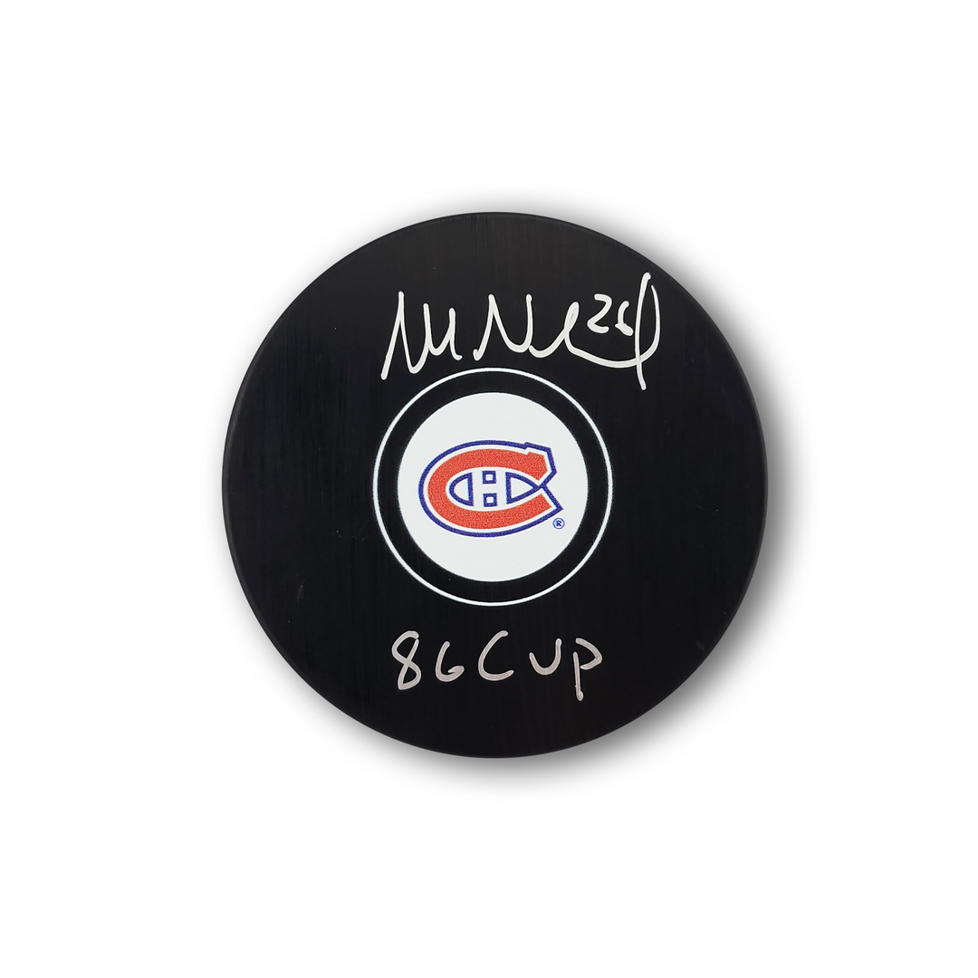 Mats Naslund Autographed Montreal Canadiens Hockey Puck Inscribed 86 Cup