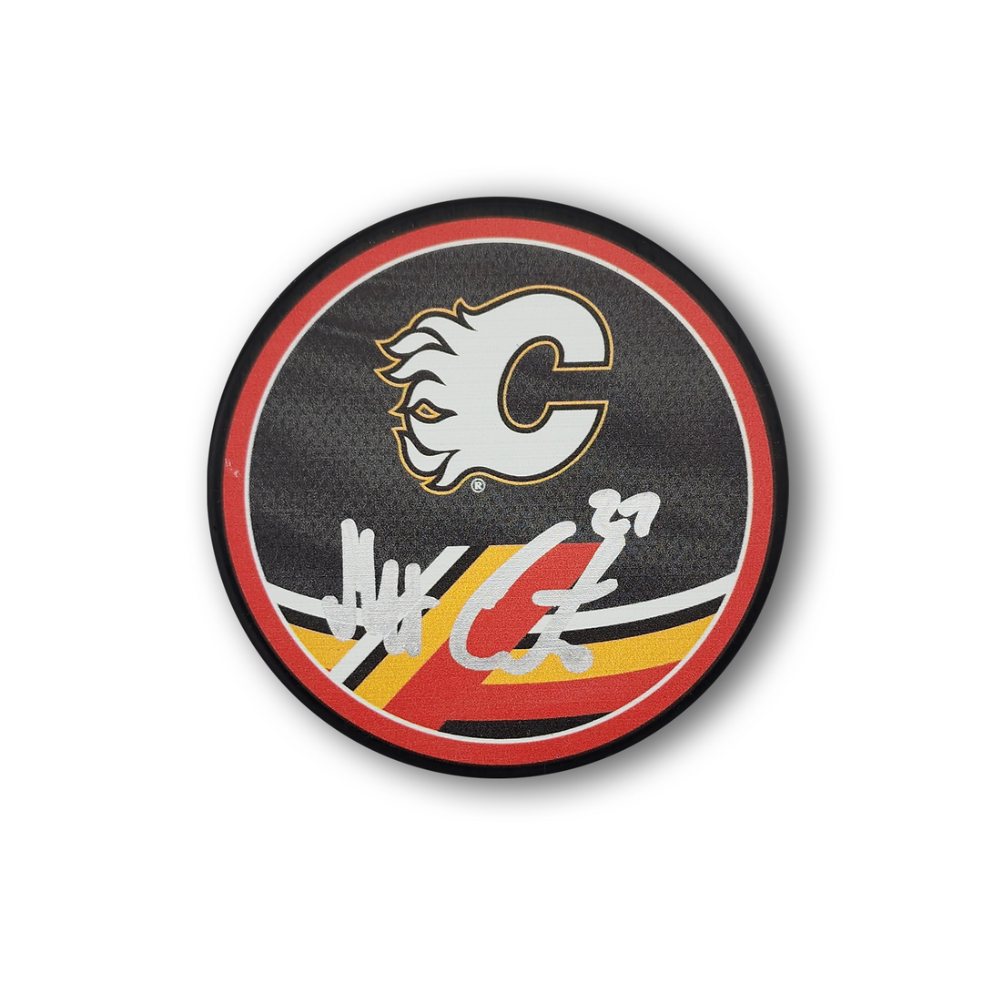 Matt Coronato Autographed Calgary Flames Reverse Retro Hockey Puck