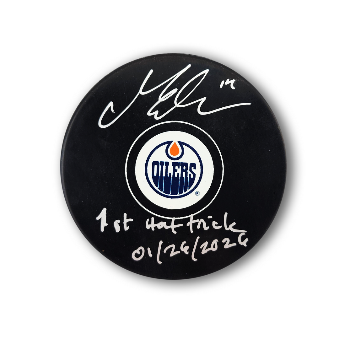 Mattias Ekholm Autographed Edmonton Oilers Hockey Puck Inscribed 1st Hat Trick