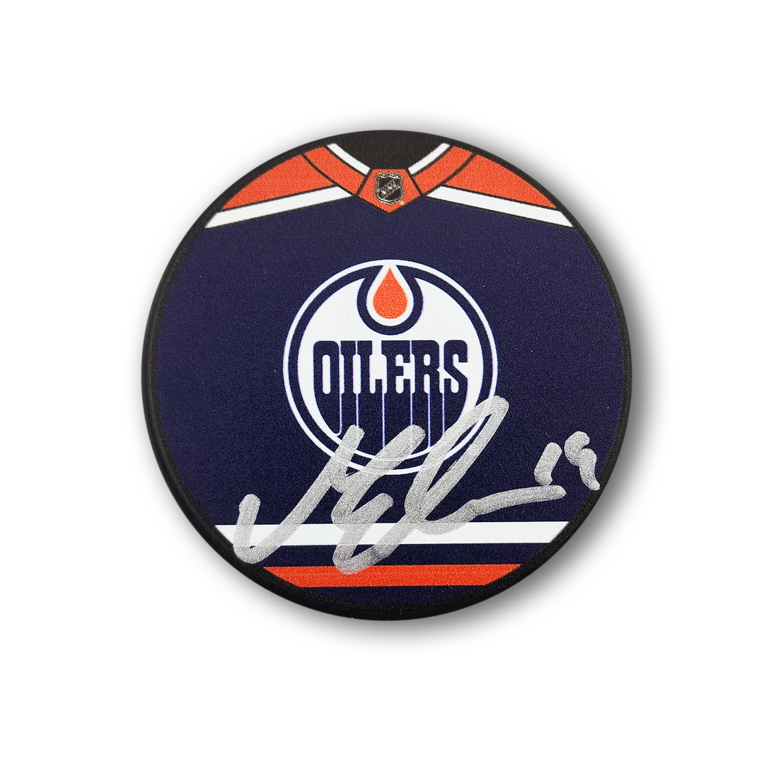 Mattias Ekholm Autographed Edmonton Oilers Jersey Design Hockey Puck
