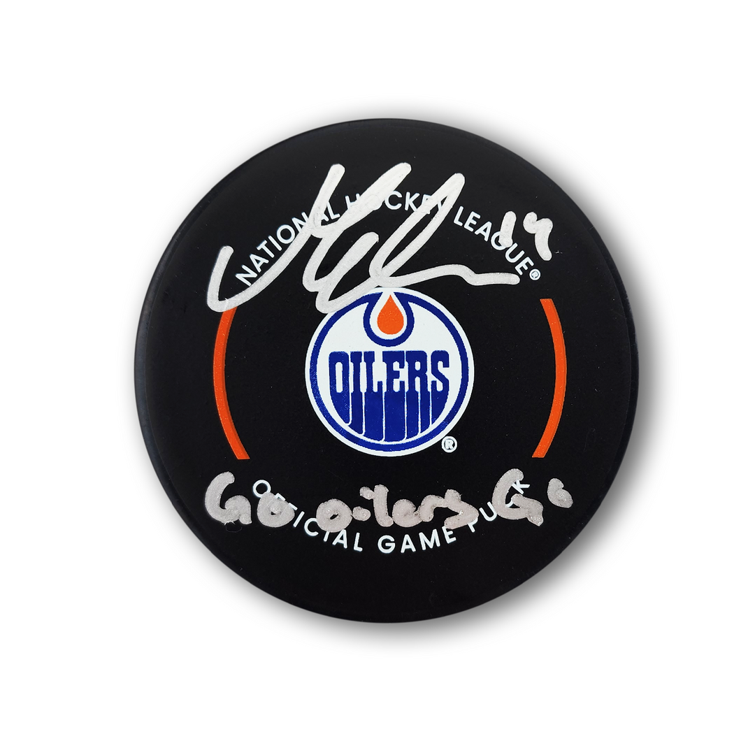 Mattias Ekholm Autographed Edmonton Oilers Official Hockey Puck Inscribed Go Oilers Go