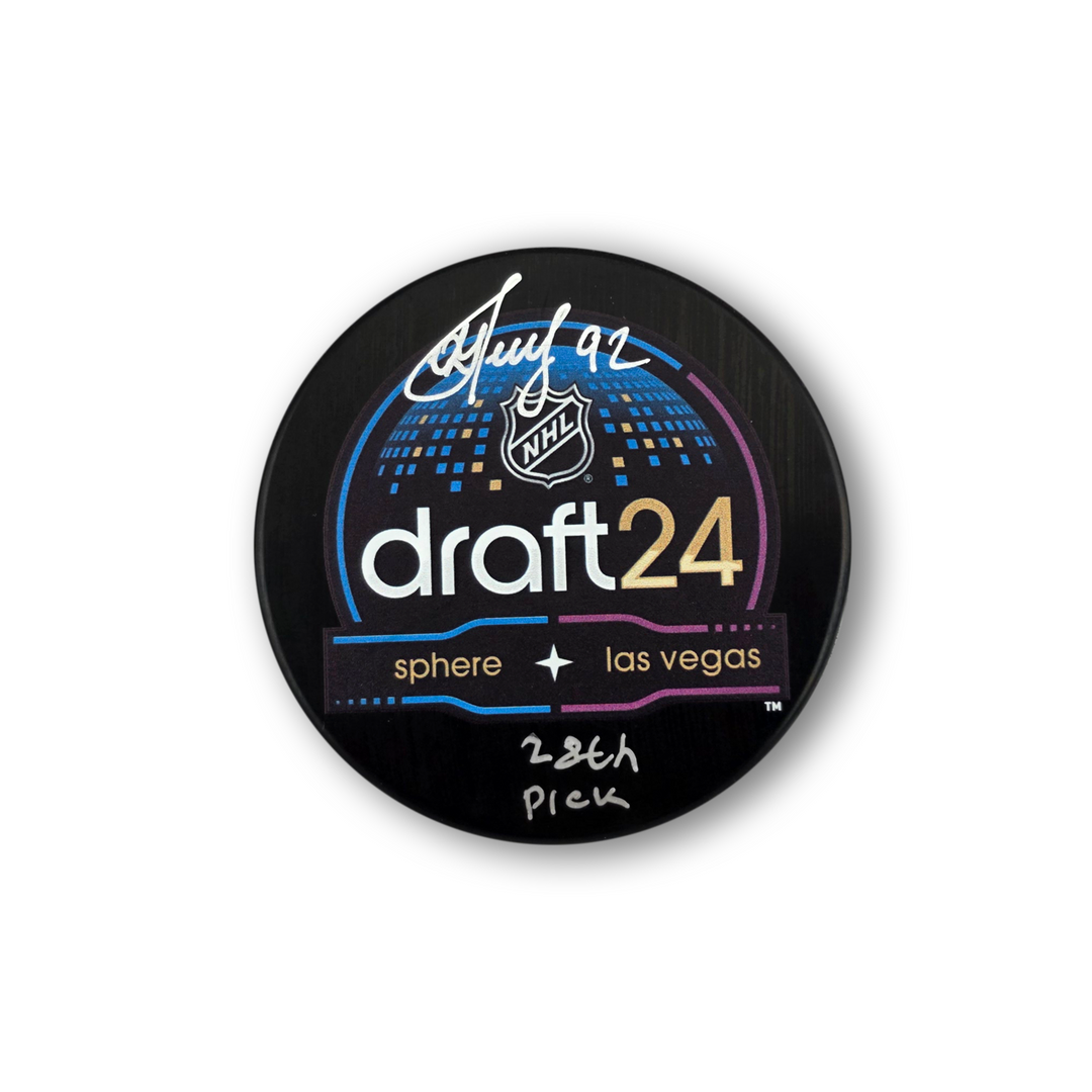 Matvei Gridin Autographed 2024 NHL Draft Hockey Puck Inscribed 28th Pick