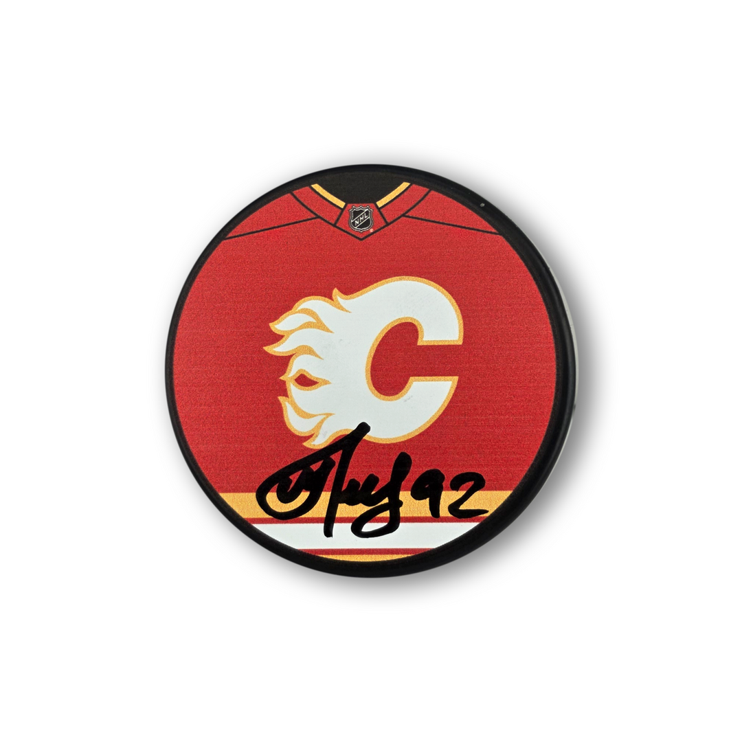 Matvei Gridin Autographed Calgary Flames Jersey Design Hockey Puck