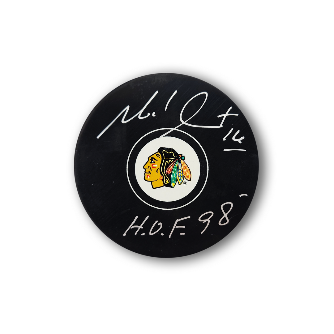 Michel Goulet Autographed Chicago Black Hawks Hockey Puck Inscribed 98 HOF
