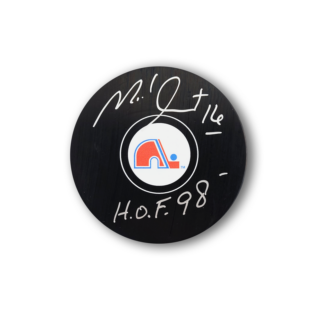 Michel Goulet Autographed Quebec Nordiques Hockey Puck HOF 98