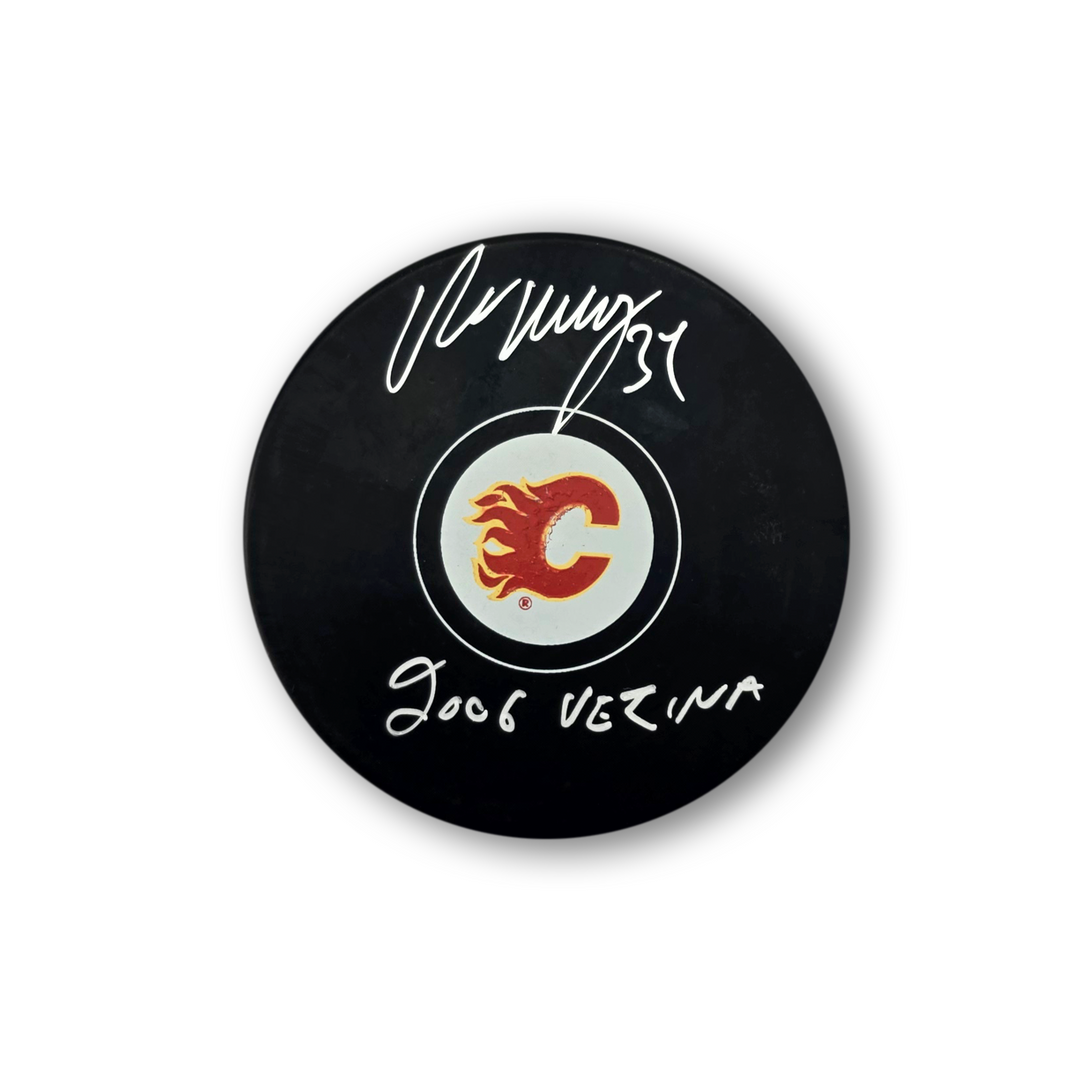 Miikka Kiprusoff Autographed Calgary Flames Hockey Puck Inscribed 2006 Vezina