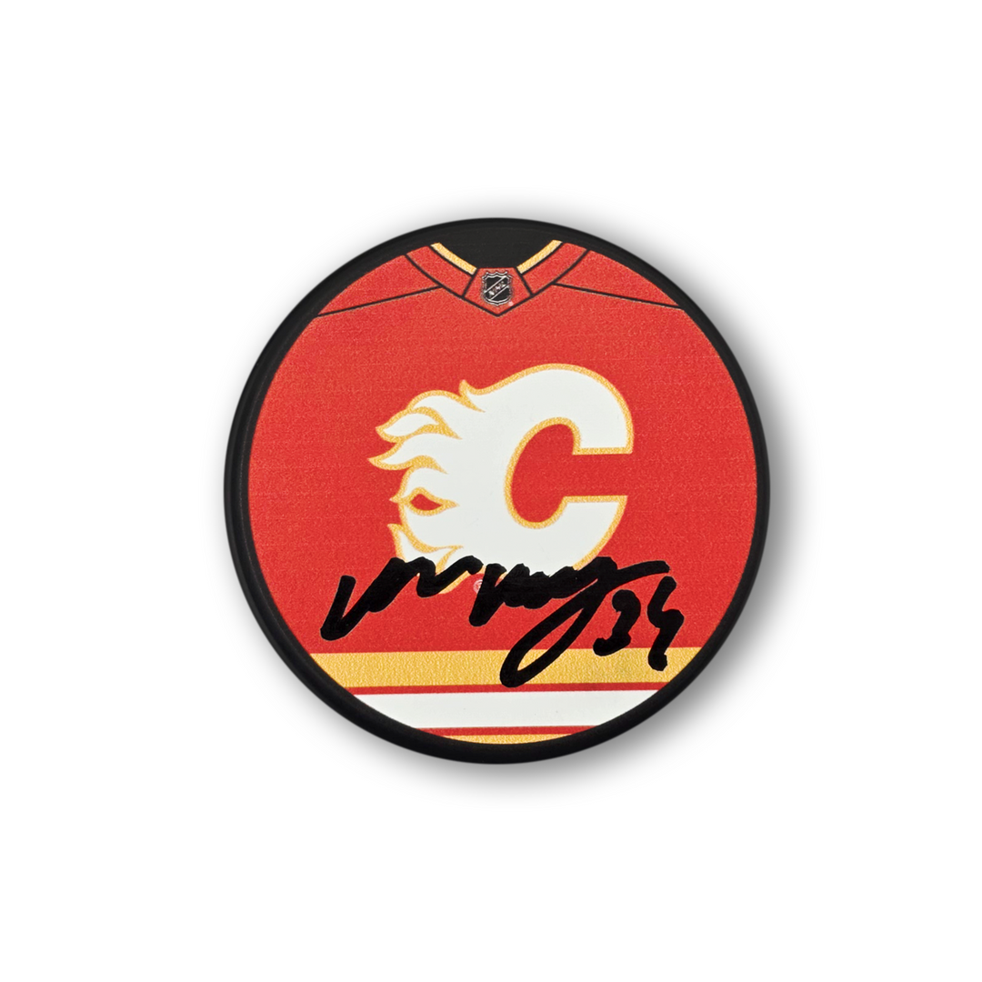Miikka Kiprusoff Autographed Calgary Flames Jersey Design Hockey Puck