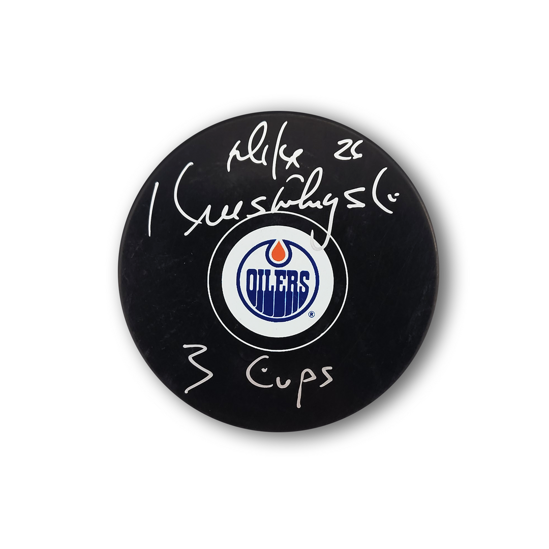 Mike Krushelnyski Autographed Edmonton Oilers Hockey Puck Inscribed 3 Cups