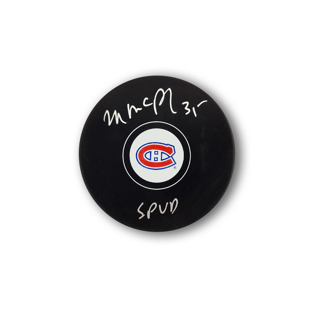 Mike McPhee Autographed Montreal Canadiens Hockey Puck Inscribed SPUD