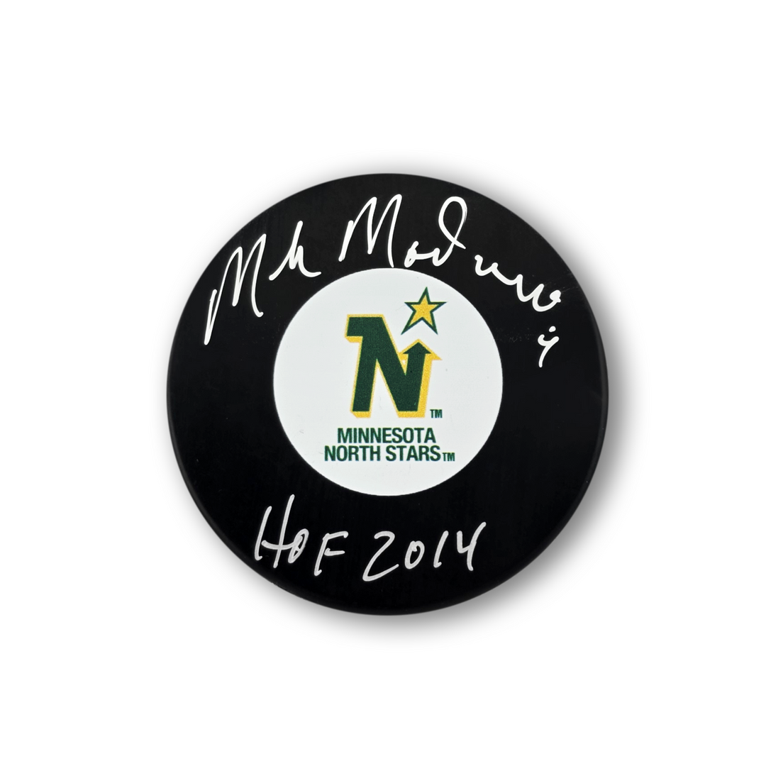 Mike Modano Autographed Minnesota North Stars Hockey Puck Inscribed HOF