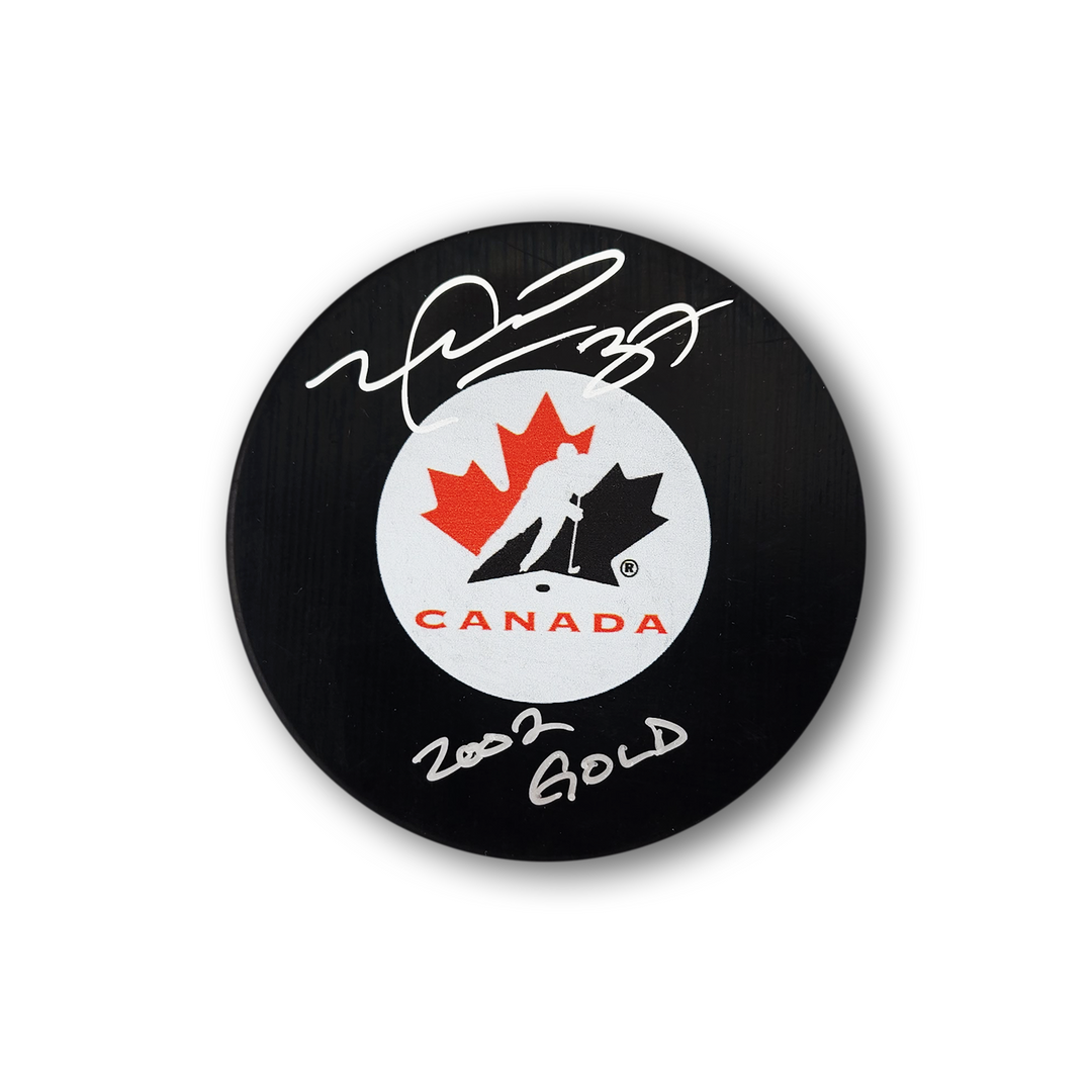 Mike Peca Autographed Team Canada Hockey Puck Inscribed 2002 Gold