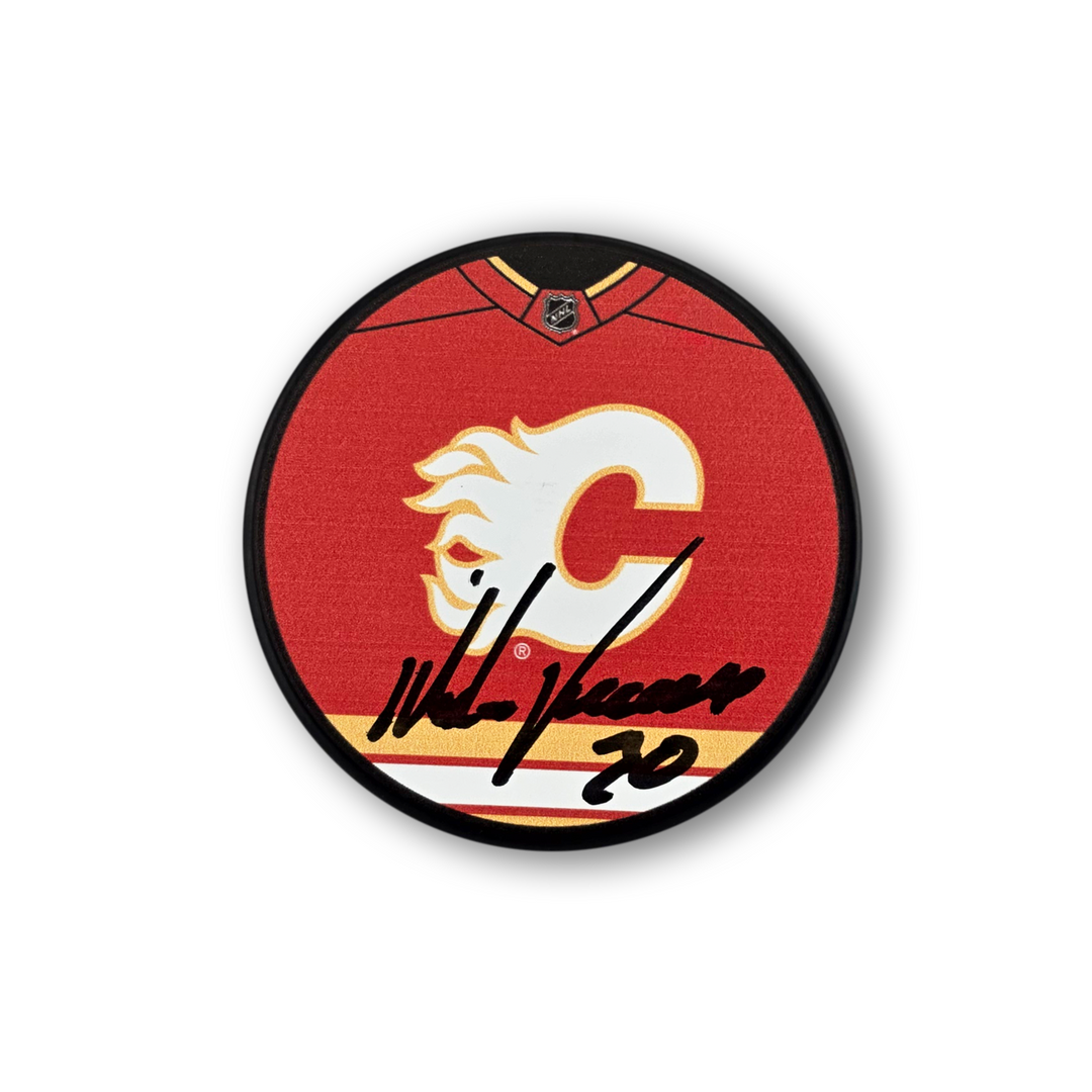 Mike Vernon Autographed Calgary Flames Jersey Design Hockey Puck