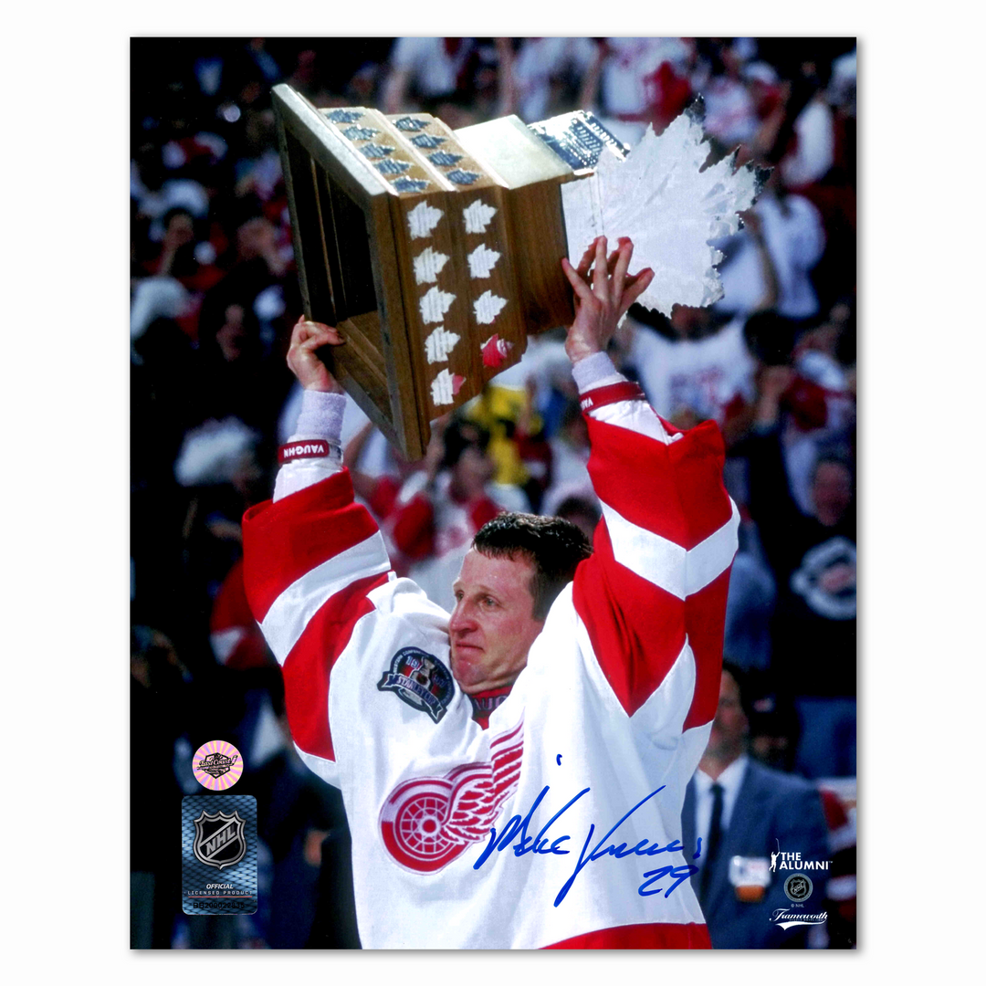 Mike Vernon Autographed Detroit Red Wings Conn Smythe Celebration 8x10 Photo (Over Head)